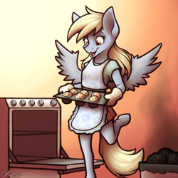 Size: 2000x2000 | Tagged: safe, artist:ohemo, imported from derpibooru, derpy hooves, anthro, unguligrade anthro, apron, atg 2020, baking, clothes, cute, derpabetes, food, muffin, newbie artist training grounds, open mouth, shirt, skirt