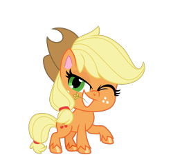Size: 6200x6048 | Tagged: safe, artist:emeraldblast63, imported from derpibooru, applejack, earth pony, pony, my little pony: pony life, spoiler:my little pony: pony life, chibi, cowboy hat, cute, cute smile, g4, g4 to g4.5, g4.5, hat, one eye closed, raised hoof, simple background, straw in mouth, transparent background, vector, wink, winking at you, winking out