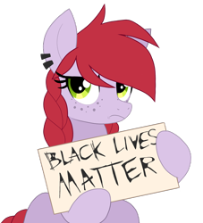 Size: 2000x2204 | Tagged: safe, artist:wingedwolf94, imported from derpibooru, oc, oc:crab apple, earth pony, pony, black lives matter, braid, disappointed, freckles, frown, piercing, politics, sad, sign, simple background, solo, text, transparent background, vector