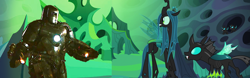 Size: 2314x720 | Tagged: safe, edit, edited screencap, imported from derpibooru, screencap, queen chrysalis, thorax, changeling, changeling queen, to where and back again, arc reactor, armor, changeling hive, crossover, crystal wings, female, iron man, looking at each other, male, mark 1, marvel, marvel cinematic universe, wings