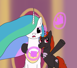 Size: 1180x1047 | Tagged: safe, artist:dzamie, imported from derpibooru, princess celestia, alicorn, unicorn, colored, crossover, digital art, duo, female, lady wifi, looking at you, magic, mare, miraculous ladybug, newbie artist training grounds, stasis, throne room