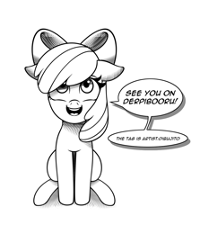 Size: 1026x1100 | Tagged: safe, artist:dibujito, imported from derpibooru, apple bloom, earth pony, pony, derpibooru, adorabloom, bow, cute, dialogue, female, filly, manga style, meta, monochrome, sitting, smiling at you, solo, speech bubble