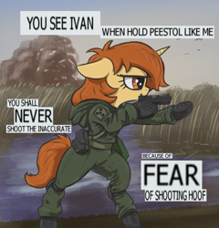 Size: 1230x1280 | Tagged: safe, artist:t72b, derpibooru exclusive, imported from derpibooru, oc, oc only, oc:academia, pony, unicorn, atg 2020, bipedal, clothes, engrish, error, glock, gun, handgun, hoof hold, lake, meme, newbie artist training grounds, pistol, ponified meme, s.t.a.l.k.e.r., solo, text, weapon, you see ivan