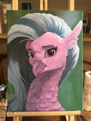 Size: 960x1280 | Tagged: safe, artist:nafrost, imported from derpibooru, silverstream, classical hippogriff, hippogriff, bust, cheek fluff, ear fluff, female, fluffy, irl, lidded eyes, looking at you, neck fluff, painting, photo, smiling, solo, traditional art