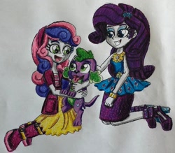 Size: 1024x897 | Tagged: safe, artist:bozzerkazooers, imported from derpibooru, rarity, spike, spike the regular dog, sweetie belle, dog, equestria girls, belle sisters, boots, clothes, dress, high heels, jacket, looking at each other, open mouth, petting, shoes, siblings, simple background, sitting, skirt, smiling, tongue out, traditional art, white background