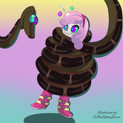 Size: 2500x2500 | Tagged: safe, artist:enethelightingdancer, imported from derpibooru, sweetie belle, snake, equestria girls, boots, coils, dizzy, hypnosis, kaa, kaa eyes, looking at each other, mind control, shoes, signature, wrapped up