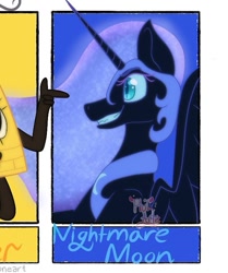 Size: 637x761 | Tagged: safe, alternate version, artist:philzartz, imported from derpibooru, nightmare moon, alicorn, pony, bill cipher, ethereal mane, female, gravity falls, helmet, mare, offscreen character, peytral, starry mane