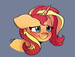 Size: 2000x1522 | Tagged: safe, artist:little-tweenframes, deleted from derpibooru, imported from derpibooru, sunset shimmer, pony, unicorn, blushing, bust, cute, female, floppy ears, gray background, mare, portrait, shimmerbetes, simple background, solo