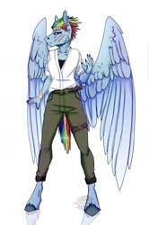 Size: 1024x1545 | Tagged: safe, artist:heroin-burn, imported from derpibooru, rainbow dash, anthro, unguligrade anthro, clothes, ear piercing, female, pants, piercing, scar, shirt, signature, simple background, solo, white background