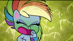 Size: 720x404 | Tagged: safe, imported from derpibooru, screencap, rainbow dash, pegasus, pony, my little pony: pony life, pinkie pie: hyper-helper, spoiler:pony life s01e06, coughing, female, g4.5, green background, green face, mare, mucus, poor rainbow dash, sick, sickbow dash, simple background, solo