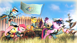 Size: 3840x2160 | Tagged: safe, artist:wintergleam, imported from derpibooru, applejack, fluttershy, pinkie pie, rainbow dash, starlight glimmer, twilight sparkle, alicorn, earth pony, pegasus, pony, unicorn, 3d, cannon, civil war, clothes, equestrian flag, female, females only, flag, grass, grass field, gun, hat, kepi, lever action rifle, magic, mare, outdoors, rifle, source filmmaker, sword, tree, twilight sparkle (alicorn), uniform, union, union army, weapon