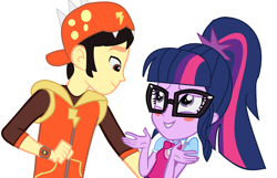 Size: 1956x1260 | Tagged: safe, artist:mlpandboboiboyfan, edit, imported from derpibooru, sci-twi, twilight sparkle, oc, equestria girls, blushing, boboiboy, canon x oc, cap, clothes, face to face, glasses, hat, jacket, ribbon, vector