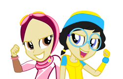 Size: 1550x1000 | Tagged: source needed, safe, artist:mlpandboboiboyfan, imported from derpibooru, equestria girls, base used, beanie, boboiboy, crossover, duo, duo female, female, flower, grin, hat, hijab, malaysia, ponytails, simple background, smiling, together, two girls, vector, white background, yaya, ying(boboiboy)