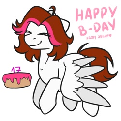 Size: 2000x2000 | Tagged: safe, artist:jellysiek, artist:jellysketch, imported from derpibooru, oc, oc only, pegasus, pony, birthday, birthday cake, birthday gift, cake, cute, food, simple background, smiley face, smiling, solo