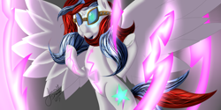 Size: 2560x1280 | Tagged: safe, artist:jimmy draws, imported from derpibooru, oc, oc only, oc:thunder andreos, pegasus, berserk, berserker, cutie mark, demi-god, glasses, new god of thunder, rage, spread wings, thunder, wings