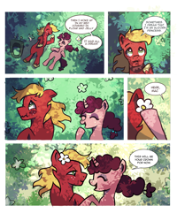 Size: 1600x2000 | Tagged: safe, artist:camaleao, imported from derpibooru, big macintosh, sugar belle, earth pony, pony, unicorn, blushing, comic, couple, cute, dialogue, female, flower, flower in hair, male, on back, shipping, straight, sugarmac, text