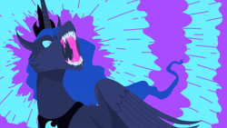 Size: 2000x1125 | Tagged: safe, artist:dipledapper, imported from derpibooru, princess luna, alicorn, pony, abstract background, angry, cheek fluff, colored sclera, ear fluff, fangs, female, glare, glowing eyes, mare, nightmare luna, rage, roar, solo, spread wings, traditional royal canterlot voice, uvula, wings