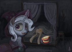 Size: 1024x742 | Tagged: safe, artist:alexandrvirus, imported from derpibooru, princess celestia, trixie, alicorn, pony, unicorn, bed, bedroom, butt, dark, female, levitation, magic, mare, plot, telekinesis