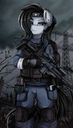 Size: 1771x3125 | Tagged: safe, artist:pridark, imported from derpibooru, oc, oc only, oc:lodey darkshine, anthro, anthro oc, badass, clothes, commission, ear piercing, eyeshadow, female, gloves, grass, gun, makeup, military uniform, pants, piercing, power line, s.t.a.l.k.e.r., solo, uniform, weapon