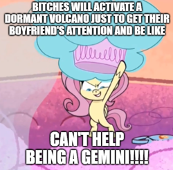 Size: 486x479 | Tagged: safe, edit, edited screencap, imported from derpibooru, screencap, fluttershy, pony, discord's peak, my little pony: pony life, spoiler:pony life s01e14, bipedal, can't help being a gemini, caption, cropped, female, g4.5, image macro, implied discoshy, implied shipping, implied straight, meme, mt. volcanope, solo, text, vulgar