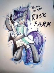Size: 960x1280 | Tagged: safe, artist:kiwwsplash, imported from derpibooru, maud pie, earth pony, pony, bipedal, clothes, female, guitar, helmet, mare, musical instrument, solo, talking, traditional art