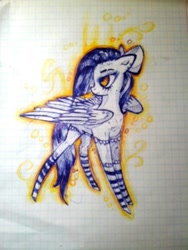 Size: 960x1280 | Tagged: safe, artist:kiwwsplash, imported from derpibooru, oc, oc only, pegasus, pony, bow, clothes, hair bow, lined paper, looking back, pegasus oc, socks, solo, striped socks, traditional art, wings