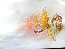 Size: 1280x960 | Tagged: safe, artist:kiwwsplash, imported from derpibooru, oc, oc only, pegasus, pony, braid, braided tail, eyelashes, looking up, open mouth, pegasus oc, smiling, solo, traditional art, wings