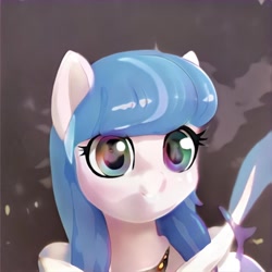 Size: 1024x1024 | Tagged: safe, artist:thisponydoesnotexist, imported from derpibooru, pony, ai content, ai generated, blue hair, clothes, cool, generator:thisponydoesnotexist, gray background, i have no mouth and i must scream, jacket, neural network, rainbow eyes, simple background, solo