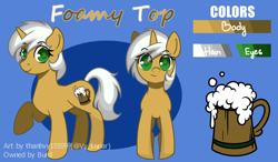 Size: 1300x759 | Tagged: safe, artist:helithusvy, artist:thanhvy15599, imported from derpibooru, oc, oc:foamy top, pony, unicorn, alcohol, beer, commission, green eyes, horn, reference sheet, unicorn oc