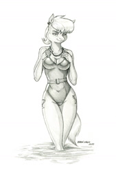 Size: 950x1407 | Tagged: safe, artist:baron engel, imported from derpibooru, ms. harshwhinny, anthro, earth pony, breasts, busty ms. harshwhinny, cleavage, clothes, ear piercing, earring, female, jewelry, mare, monochrome, necklace, one-piece swimsuit, pencil drawing, piercing, solo, story included, swimsuit, traditional art