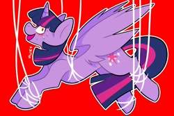 Size: 1800x1200 | Tagged: safe, artist:valkyrave, imported from derpibooru, twilight sparkle, alicorn, blood, bondage, dilated pupils, female, looking at you, mare, needs more saturation, pinpoint eyes, red background, simple background, smiling, strings, sweat, tangled up, twilight sparkle (alicorn)