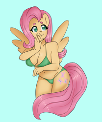 Size: 1703x2048 | Tagged: safe, artist:leslers, imported from derpibooru, fluttershy, anthro, pegasus, bikini, breasts, busty fluttershy, clothes, female, pinup, solo, swimsuit