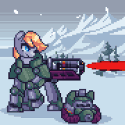 Size: 1080x1080 | Tagged: safe, artist:stockingshot56, imported from derpibooru, oc, oc only, oc:gray star, pony, animated, armor, fallout, gatling laser, laser, loop, mountain, outdoors, pixel art, power armor, snow, snowfall, solo