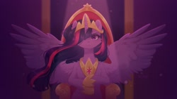 Size: 2276x1280 | Tagged: dead source, safe, artist:_floweryoutoday, artist:floweryoutoday, imported from derpibooru, twilight sparkle, alicorn, semi-anthro, the last problem, beam of light, commission, crown, female, hair over one eye, hoof shoes, jewelry, looking at you, mare, princess twilight 2.0, regalia, sitting, speedpaint available, spread wings, throne, throne room, twilight sparkle (alicorn), wings