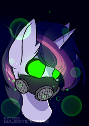 Size: 2894x4093 | Tagged: safe, artist:hot_coffefefe, imported from derpibooru, twilight sparkle, pony, alternate hairstyle, alternate universe, black background, bust, face mask, female, glowing eyes, mare, pollution, pollutionverse, simple background, solo