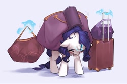 Size: 1721x1140 | Tagged: safe, artist:luciferamon, imported from derpibooru, rarity, pony, unicorn, bags, blushing, carrying, ear fluff, eyes closed, female, floppy ears, frown, heavy, levitation, luggage, magic, mare, shivering, simple background, solo, straining, sweat, telekinesis, white background
