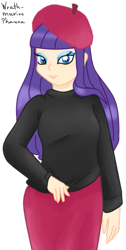 Size: 299x595 | Tagged: safe, artist:wrath-marionphauna, imported from derpibooru, rarity, human, becoming popular, beret, clothes, digital art, female, hat, humanized, looking at you, makeup, simple background, skirt, smiling, solo, sweater, transparent background