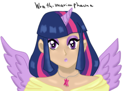 Size: 562x412 | Tagged: safe, artist:wrath-marionphauna, imported from derpibooru, twilight sparkle, alicorn, human, digital art, female, horn, horned humanization, humanized, jewelry, makeup, necklace, simple background, solo, transparent background, winged humanization, wings