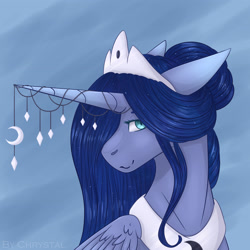Size: 3622x3622 | Tagged: safe, artist:chrystal_company, imported from derpibooru, princess luna, alicorn, pony, abstract background, alternate hairstyle, bust, female, horn, horn jewelry, jewelry, mare, solo