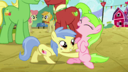 Size: 576x324 | Tagged: safe, imported from derpibooru, screencap, apple cinnamon, apple flora, gala appleby, jonagold, marmalade jalapeno popette, pink lady, sweet tooth, wensley, earth pony, pony, apple family reunion, animated, apple family member, bellyrubs, candy caramel tooth, candy cawwramel tooth, cute, diabetes, duo focus, eyes closed, female, filly, florabetes, gif, grin, hnnng, male, mare, open mouth, sitting, smiling, stallion, tickling, underhoof