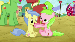 Size: 576x324 | Tagged: safe, imported from derpibooru, screencap, apple cinnamon, apple flora, gala appleby, jonagold, marmalade jalapeno popette, pink lady, sweet tooth, wensley, pony, apple family reunion, animated, apple family member, cute, diabetes, eyes closed, female, filly, gif, grin, hoofbump, male, mare, open mouth, sitting, smiling, stallion, underhoof