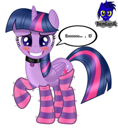 Size: 3840x4154 | Tagged: safe, artist:damlanil, imported from derpibooru, twilight sparkle, alicorn, pony, blushing, clothes, collar, comic, cute, cutie mark collar, female, grin, horn, latex, looking at you, makeup, mare, nervous, nervous grin, raised hoof, rubber, shiny, shiny mane, show accurate, simple background, smiling, socks, solo, striped socks, thigh highs, transparent background, twiabetes, twilight sparkle (alicorn), vector, wings