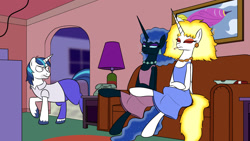 Size: 1920x1080 | Tagged: safe, artist:banebuster, imported from derpibooru, daybreaker, nightmare moon, shining armor, alicorn, unicorn, cigarette, clothes, eyes closed, five o'clock shadow, homer simpson, patty bouvier, selma bouvier, sitting, the simpsons