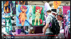 Size: 734x408 | Tagged: safe, artist:fearingfun, imported from derpibooru, apple bloom, scootaloo, starlight glimmer, trixie, human, bronycon, bronycon 2019, adorabloom, backpack, clothes, cute, cutealoo, dakimakura cover, diatrixes, female, filly, glimmerbetes, irl, irl human, jenny nicholson, lesbian, male, photo, shipping, startrix, youtube