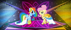 Size: 3440x1440 | Tagged: safe, artist:dashiesparkle edit, artist:jhayarr23, artist:laszlvfx, edit, imported from derpibooru, fluttershy, rainbow dash, pony, clothes, dress, gala dress, wallpaper, wallpaper edit, warrior of inner strength, warriorshy