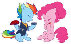 Size: 2547x1584 | Tagged: safe, artist:chub-wub, imported from derpibooru, pinkie pie, rainbow dash, earth pony, pegasus, pony, the last problem, alternate hairstyle, clothes, disappearing ink, eyes closed, female, hoof hold, jacket, laughing, mare, missing cutie mark, older, older pinkie pie, older rainbow dash, open mouth, prank, simple background, sitting, white background, whoopee cushion
