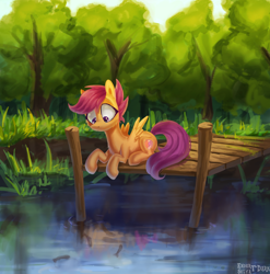 Size: 2000x2027 | Tagged: safe, artist:enderselyatdark, imported from derpibooru, scootaloo, fish, pegasus, pony, cute, cutealoo, female, filly, foal, forest, grass, lying down, pier, prone, scenery, sitting, solo, spread wings, the cmc's cutie marks, tree, water, wings