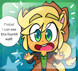 Size: 1124x1024 | Tagged: safe, artist:thegreatrouge, imported from derpibooru, applejack, anthro, earth pony, my little pony: pony life, clothes, female, fourth wall, g4.5, hat, implied pinkie pie, open mouth, solo, speech bubble