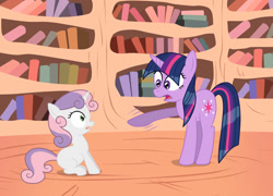 Size: 1497x1080 | Tagged: safe, artist:birdco, imported from derpibooru, sweetie belle, twilight sparkle, pony, unicorn, duo, female, filly, golden oaks library, pointing, unicorn twilight, wet, wet mane