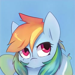 Size: 1024x1024 | Tagged: safe, artist:thisponydoesnotexist, imported from derpibooru, pegasus, pony, ai content, ai generated, artificial intelligence, blue background, female, generator:thisponydoesnotexist, mare, multicolored hair, neural network, not rainbow dash, rainbow hair, simple background, solo